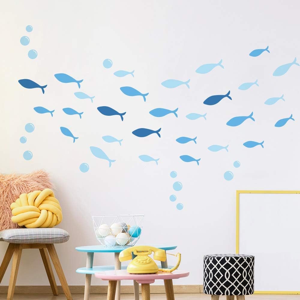 Blue Fish Wall Decals for Kids Under The Sea Bubbles Wall Stickers for Children Teens Bedroom Walls Doors