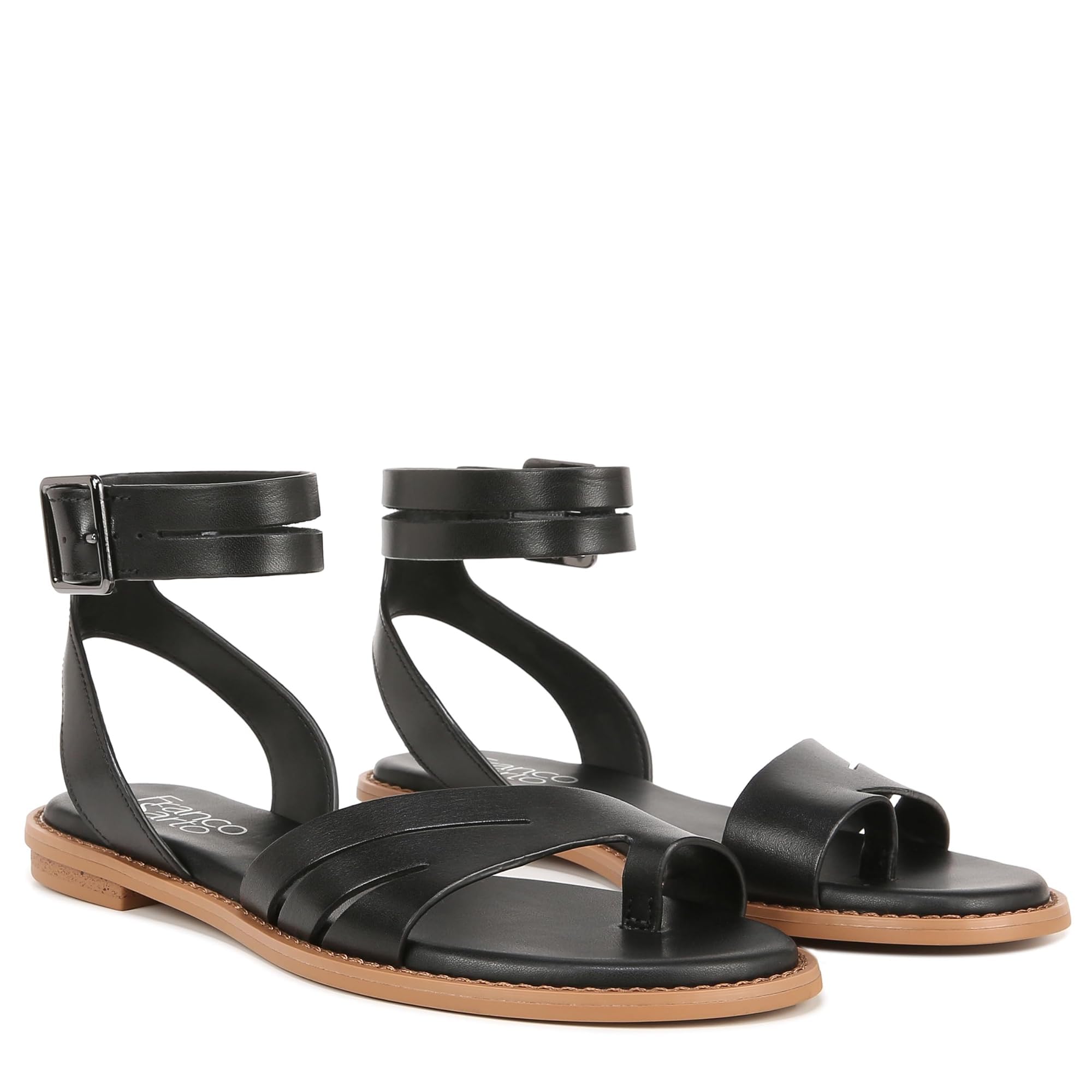 Franco Sarto Womens Greene Ankle Strap Flat Sandals Black Leather 6 M