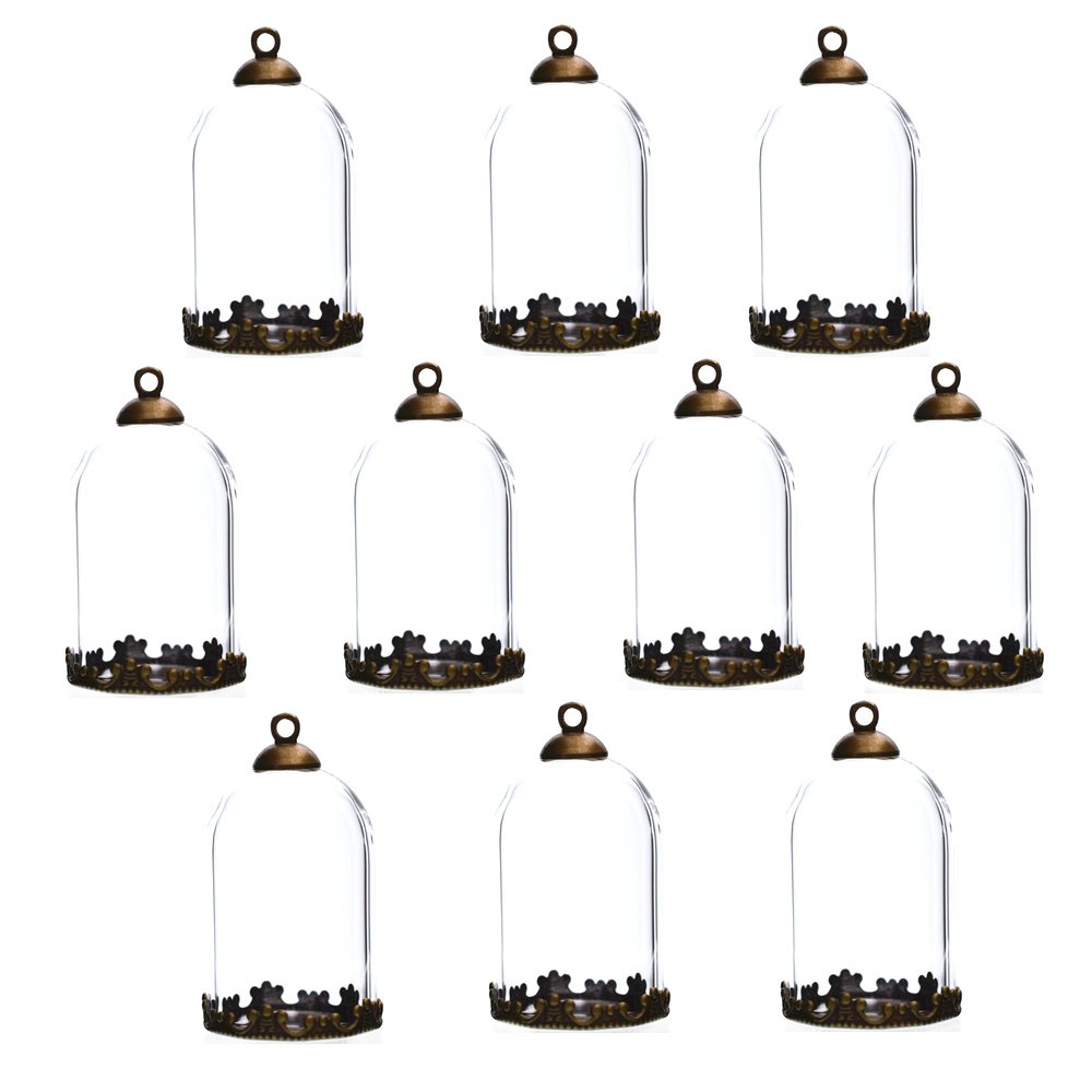 10 Pieces 30x20mm Clear Tube Globe Bottle With Findings, Hollow Glass Dome, Vial Pendant Charms (30x20mm With Bronze Crown Base)