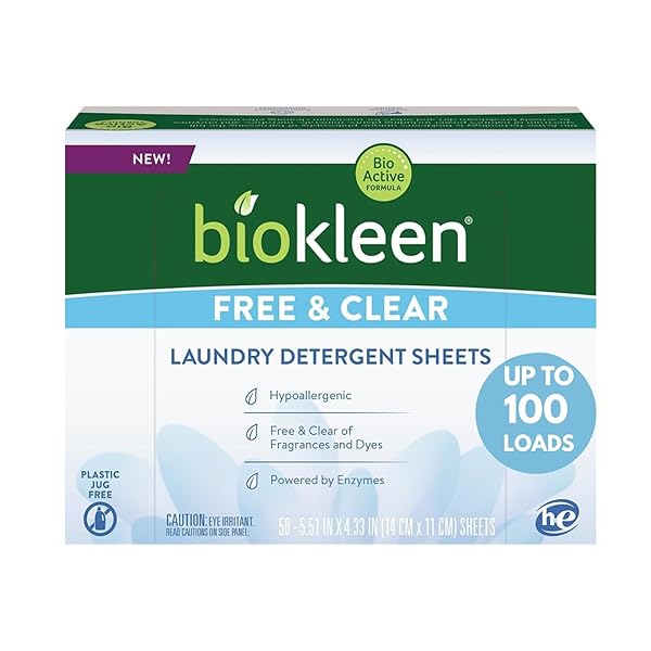 BIOKLEEN LAUNDRY DETERGENT SHEETS – DYE & FRAGRANCE FREE, HYPOALLERGENIC, ENZYMATIC CLEANER, STAIN REMOVER, BIO ACTIVE FORMULA, NO PLASTIC JUG, UNSCENTED, 100 LOADS