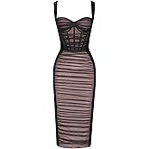 Women Shoulder Strap Midi Wedding Guest Dress Mesh Velvet Ruched Cocktail Party Dress