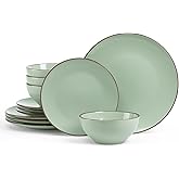 Famiware Venus Plates and Bowls Sets, 12 Pieces Stoneware Speckled Dinnerware Sets, Dishes Set for 4, Microwave and Dishwasher Safe, Matte Light Green