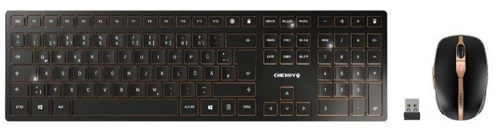CHERRY DW 9000 SLIM, Wireless Desktop Set, EU Layout (QWERTY), Bluetooth & 2.4 GHz RF, Quiet Keys, Rechargeable, Bronze/Black