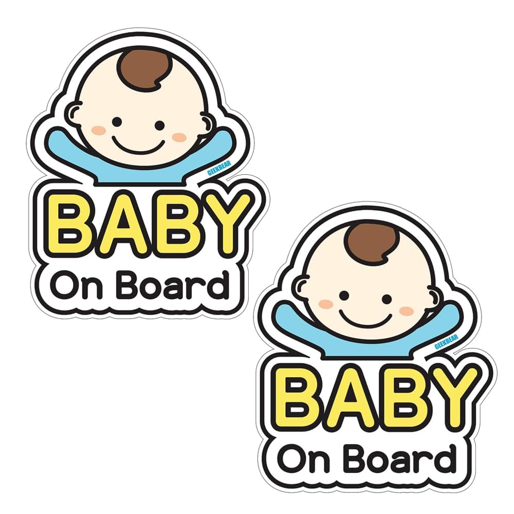 GEEKBEAR Baby on Board Car Sticker - Cartoon Design, Reflective, Weather-Resistant (Basic Boy + Basic Boy)