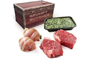 DEN'S HOT DOGS Grumpy Butcher Steaks, Chicken and Creamed Spinach Gift Box - 2 Top Sirloin Steaks, 2 Bacon Wrapped Chicken Breasts with Cheeses and Creamed Spinach Gifts For Guys Who Have Everything