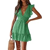 Women Floral Mini Dress Sexy V Neck Ruffle Flutter Sleeve Polka Dot Summer Dresses