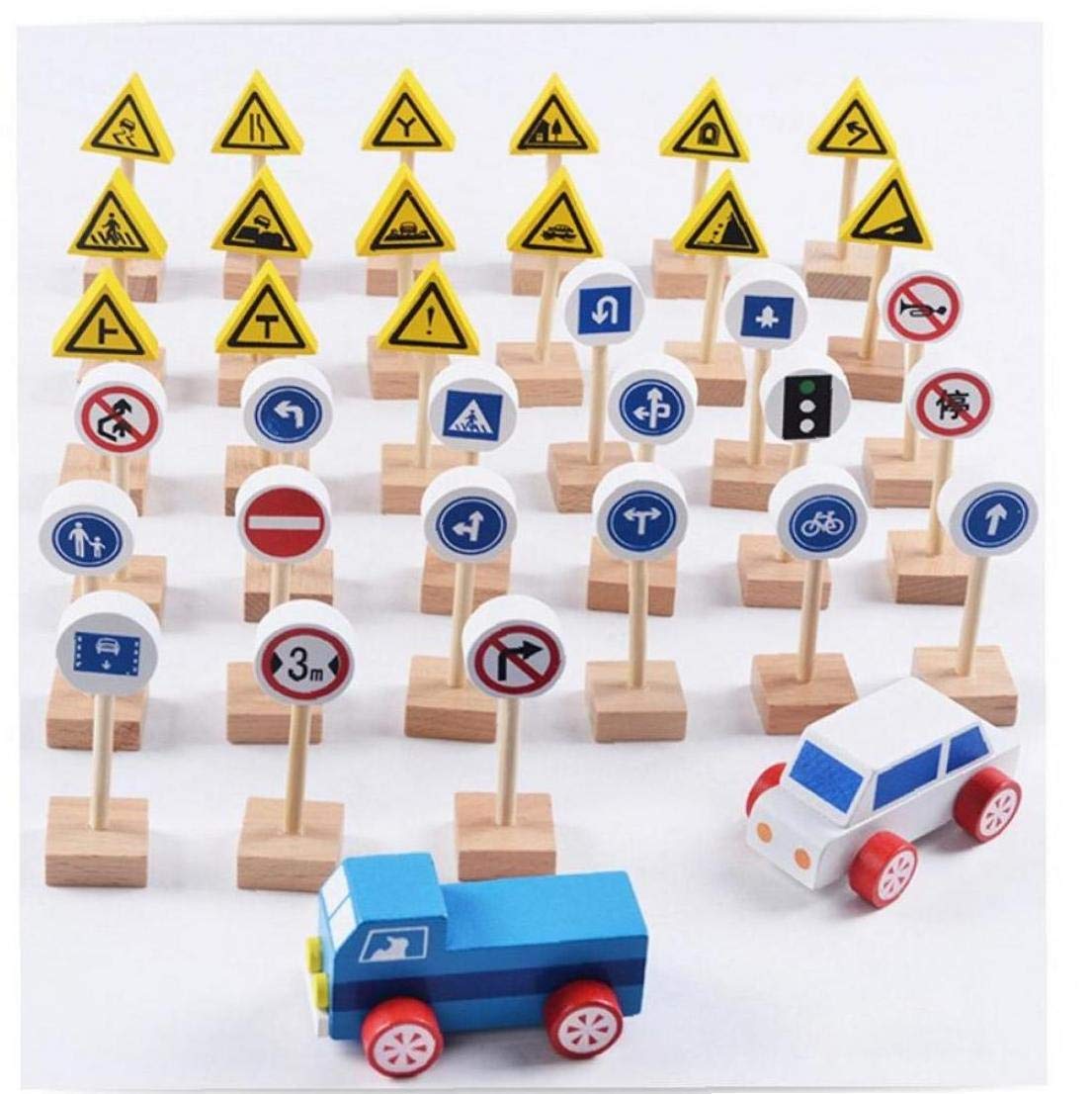 Kids Wooden Street Signs Playset Wooden Traffic Signs Blocks Street Scene Road Car Pretend Play Game Educational Toys 1set Random Color