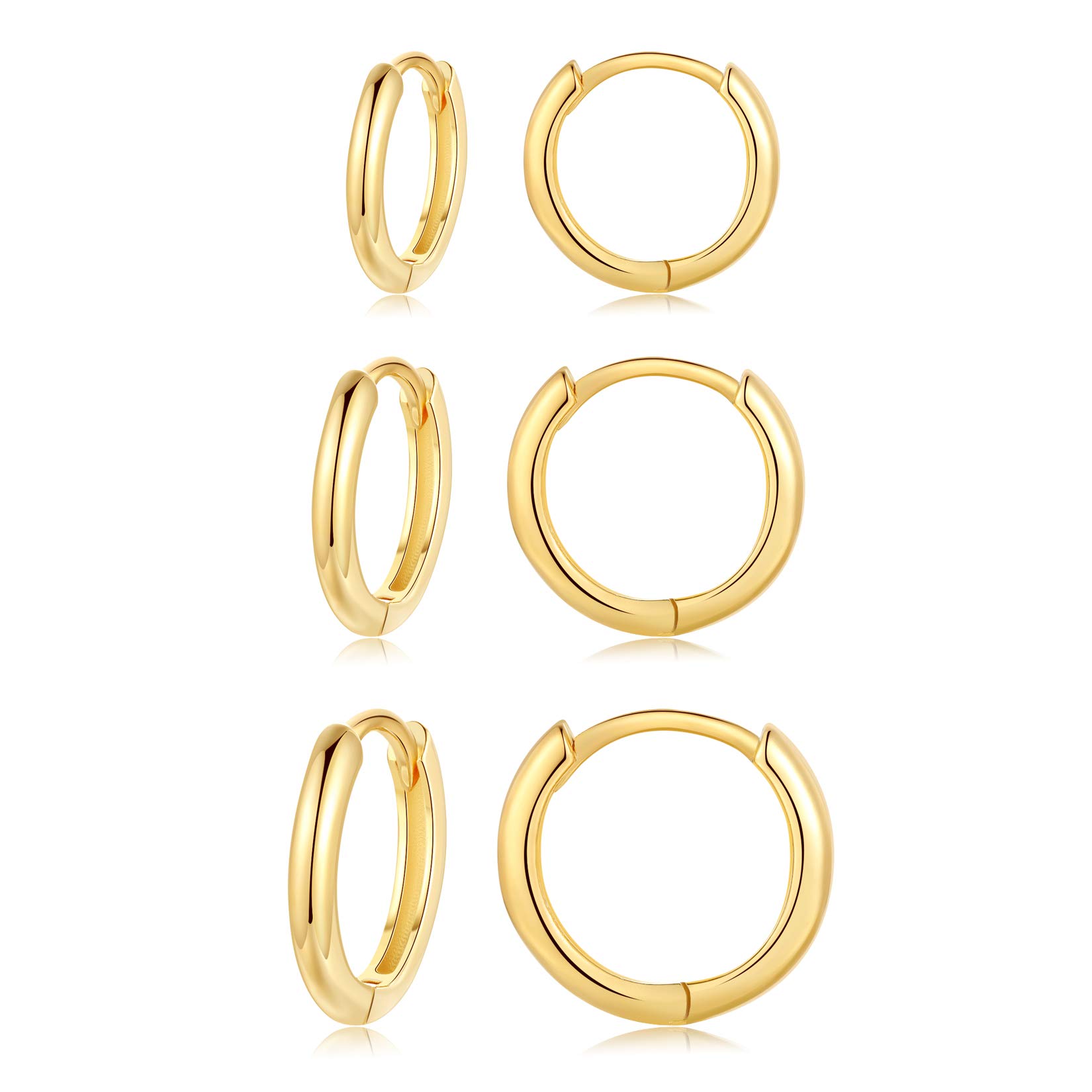 Gold Hoop Earrings for Women, 3 Pairs Small Sterling Silver Huggie Earrings | Tiny Cartilage Cuff Earrings Hoop Piercing Jewellery for Girls Men Teens (8mm/10mm/12mm)