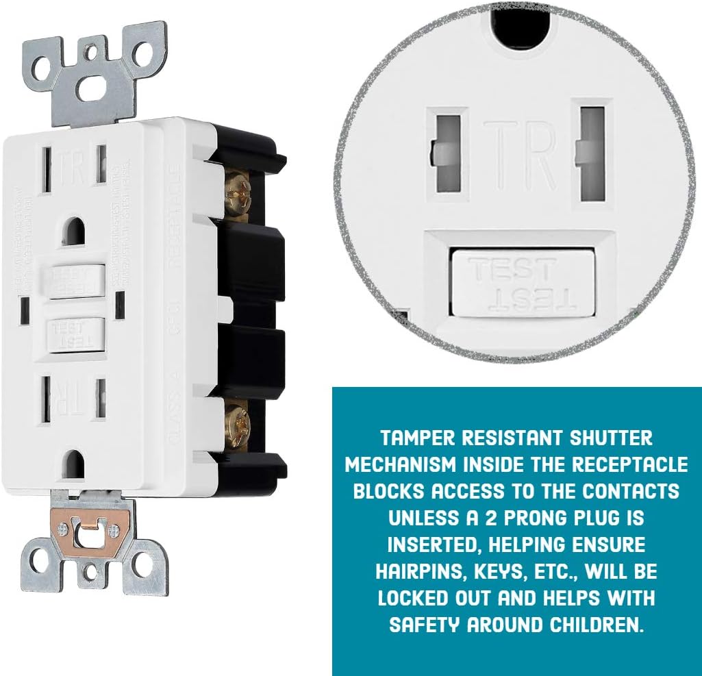 1 Pack - GFCI Duplex Outlet Receptacle - Tamper Resistant 15-Amp/125-Volt, Self-Test Function with LED Indicator - UL Listed, cUL Listed - Wall Plate and Screws Included, White - - 