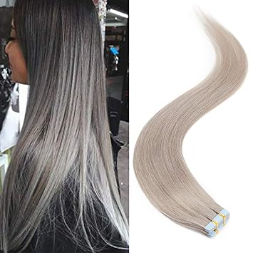 Amazon Com Tape In Hair Extensions Human Hair Grey Grade 6a 16