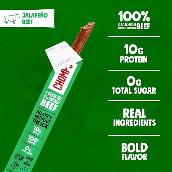 CHOMPS GRASS-FED AND FINISHED JALAPEÑO BEEF JERKY SNACK STICKS 24-PACK – KETO, PALEO, WHOLE30, 10G LEAN MEAT PROTEIN, GLUTEN-FREE, ZERO SUGAR FOOD, NON-GMO