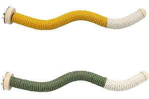 DVHEY 11 x 0.9 inch Bird Perch Parrot Stand Cage Accessories Natural Wooden Stick Paw Grinding Rope-surfaced Chew Toy Standing Rod for Exercise Training Branches (Curved-Yellow+Green)