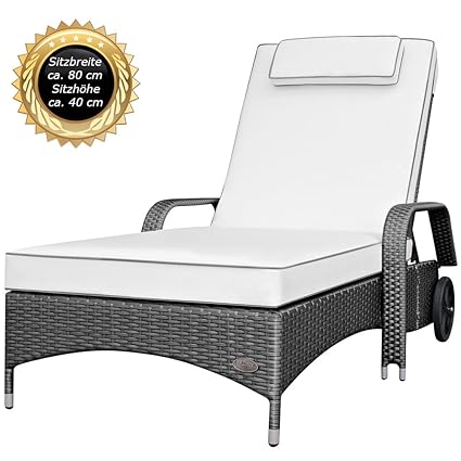 RS Trade 'Imola XXL' Outdoor Polyrattan Sonnenliege extra breit (80 cm) mit Rollen und verstärktem Gestell (bis 200 kg), Lehn