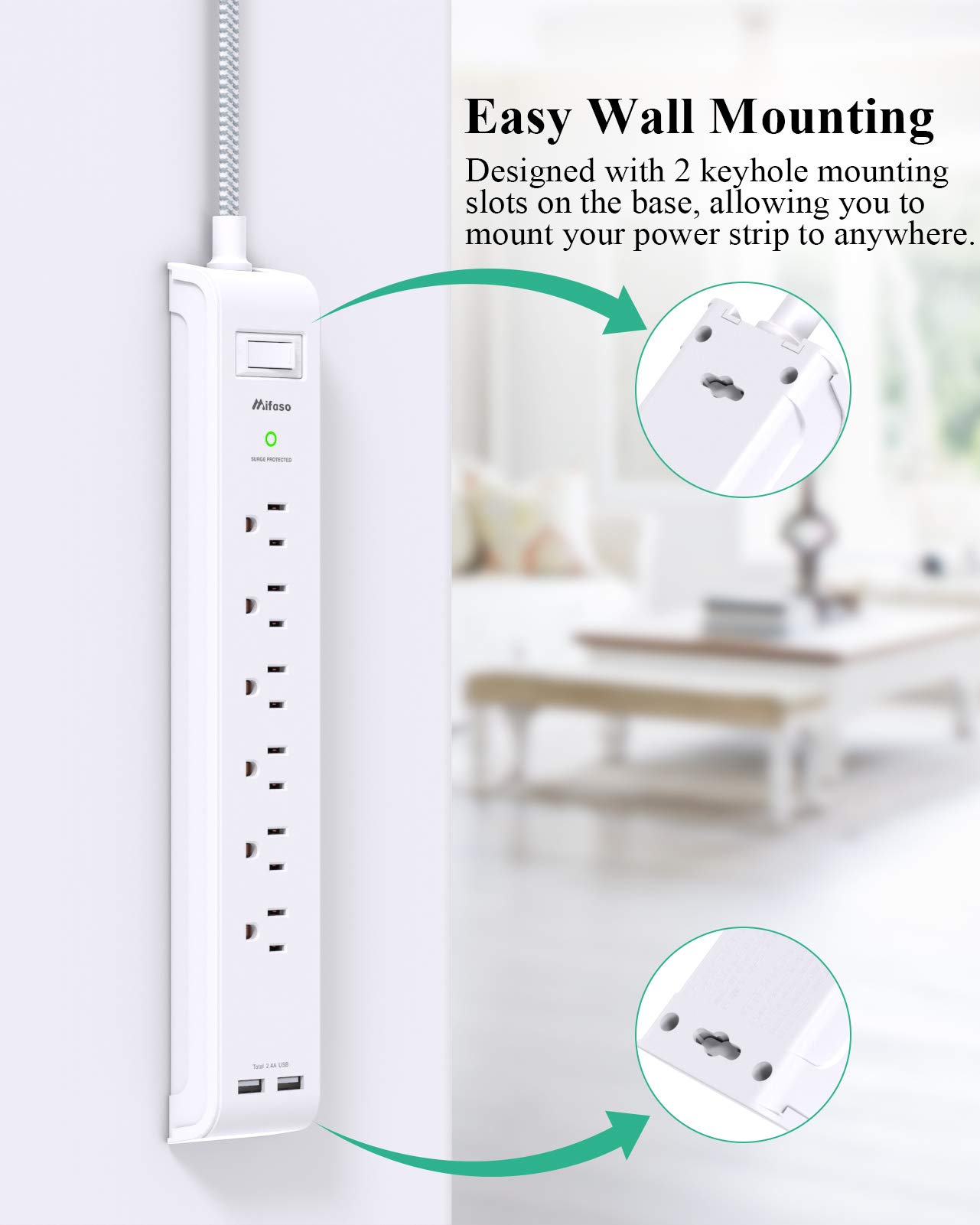 2 Pack Power Strip, 12FT Long Extension Cord, Surge Protector with 6 Outlets and 4 USB Ports (2 USB C), Flat Plug Overload Protection, Extension Cord 10+ ft, Wall Mount for Home Office Dorm College