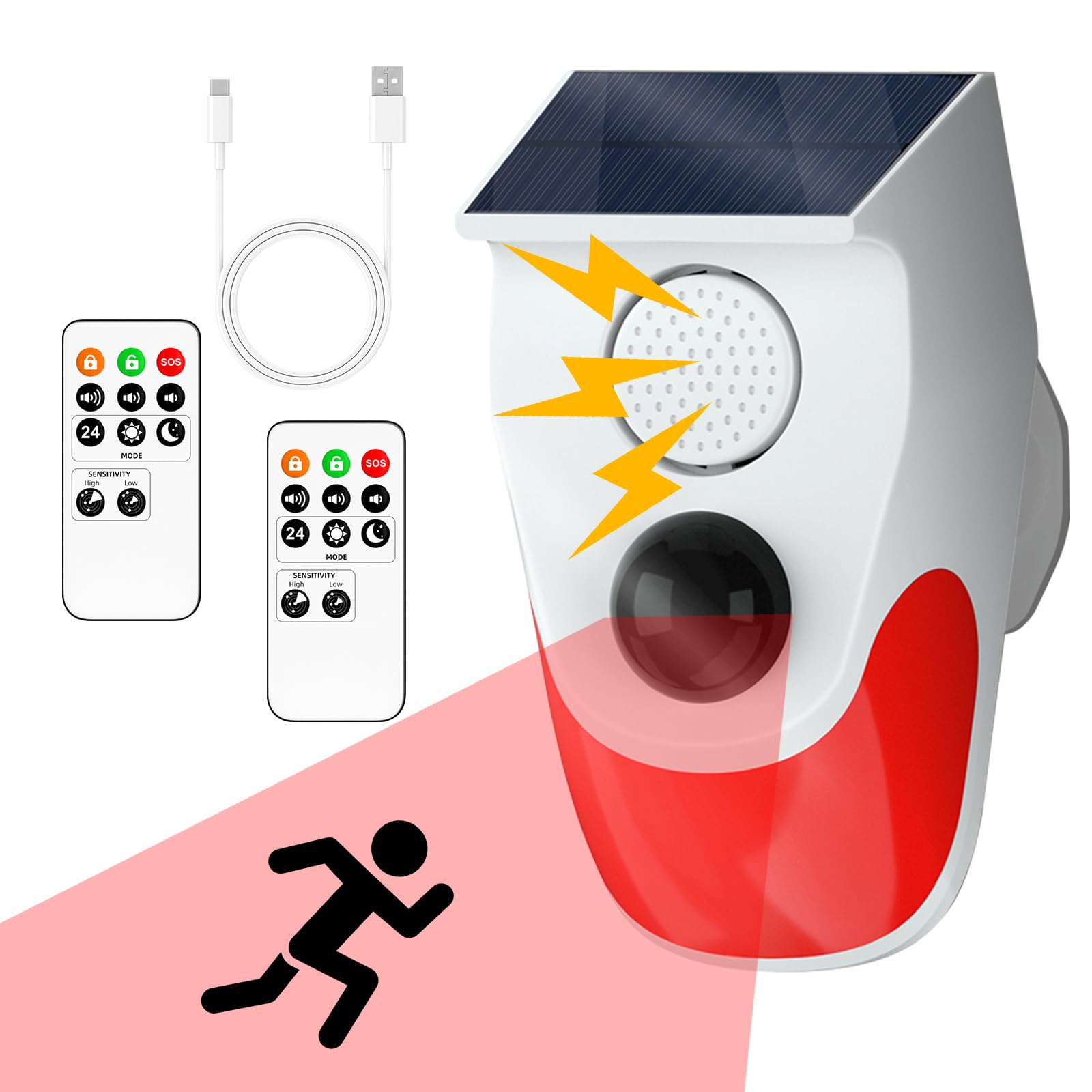 Cuteefun Solar Motion Sensor Alarm, Shed Alarm with 2 Remote Control, Wireless Infrared Motion Detectors, 120dB Volume, 3 Working Modes, Outdoor Home Alarm System for Garage, Farm, Garden, Office