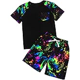 Floerns Boy's 2 Piece Outfit Raglan Sleeve Tie Dye Pocket Patched Tee and Drawstring Waist Track Shorts Sets