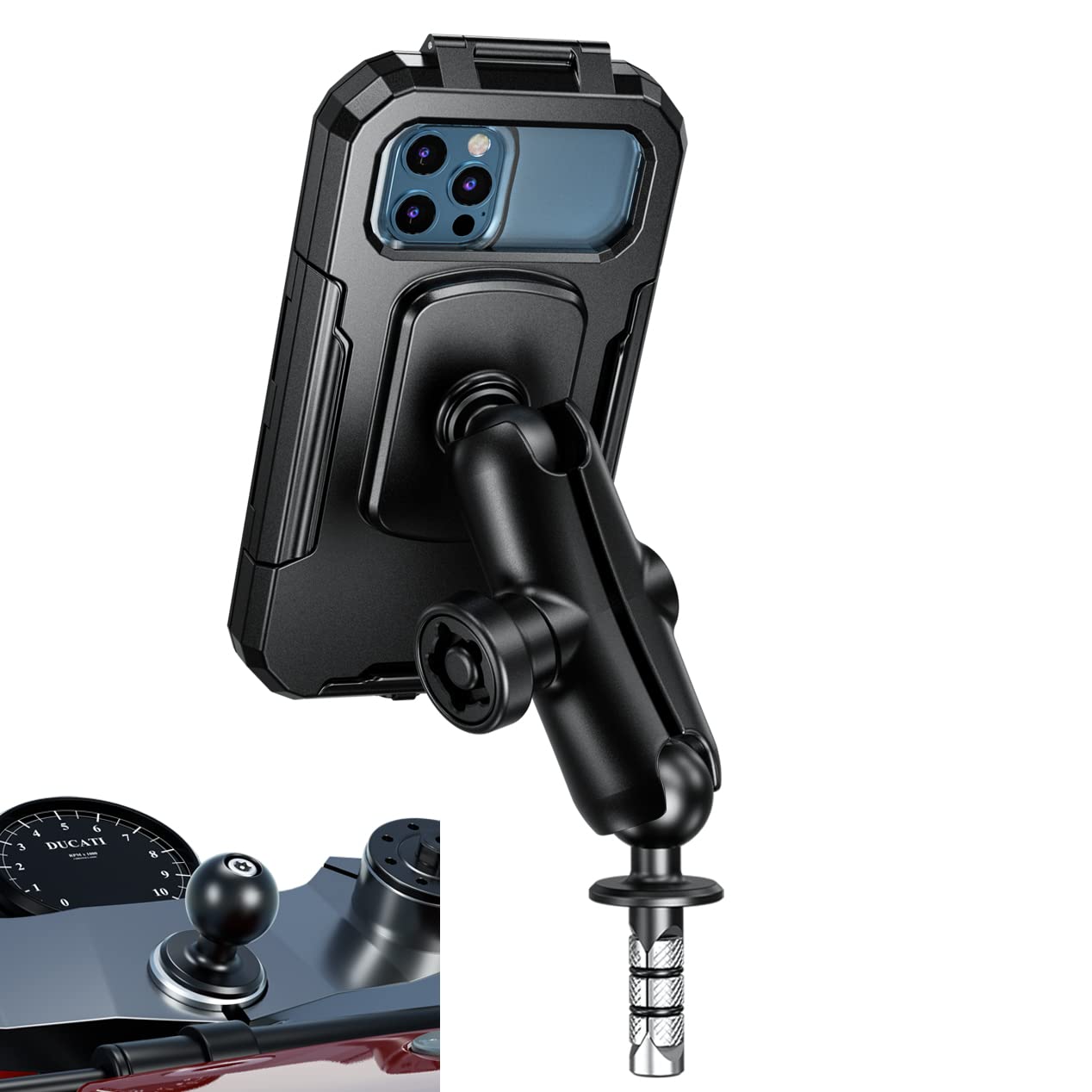 iMESTOU Waterproof Motorcycle Fork Stem Phone Mount Case 1" Ball Bike Phone Holder Anti-Theft with B Size Double Socket Arms Aluminium Ball Base for 5.5"-6.8" Cellphones (L)
