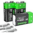 Quzmo 3-Pack Rechargeable 9 Volt Lithium-ion Batteries, 1300mAh Long Lasting Power, USB-C Recharge with 2 in 1 Charging Cable for Smoke Alarms,Multimeters,Microphones,Walkie-Talkie,Toys