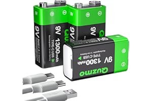 3-Pack Rechargeable 9 Volt Lithium-ion Batteries, 1300mAh Long Lasting Power, USB-C Recharge with 2 in 1 Charging Cable for S