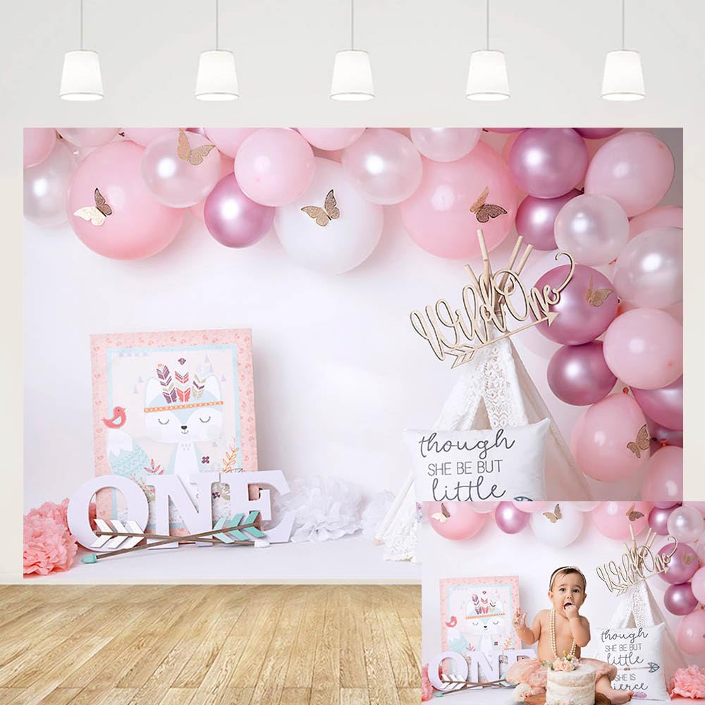 MEHOFOND 7x5ft Girl 1st Birthday Photography Background for Pink Balloons Butterfly Bohemia Tent Cake Smash Decoration Kids Will One Party Banner Portrait Photo Studio Booth Backdrop Props Supplies