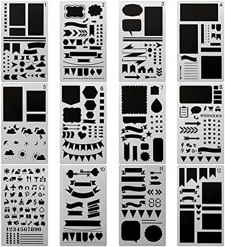 Bullet Journal Stencil Set 12 Pcs Plastic Planner DIY Drawing Template for Diary Notebook Scrapbook Craft Projects 4x7 Inch