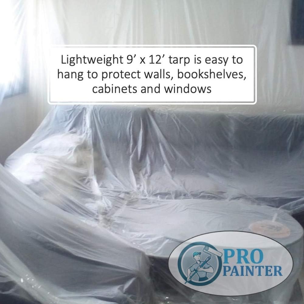 Drop Cloth (3 Pack), Pro Painter 9 Feet x 12 Feet Clear Plastic Drop Cloth 1mm Thickness, Waterproof, Lightweight Plastic Tarp, Painting Tarp, Plastic Cover Sheet for Furniture Floors Patio Workshop - - 