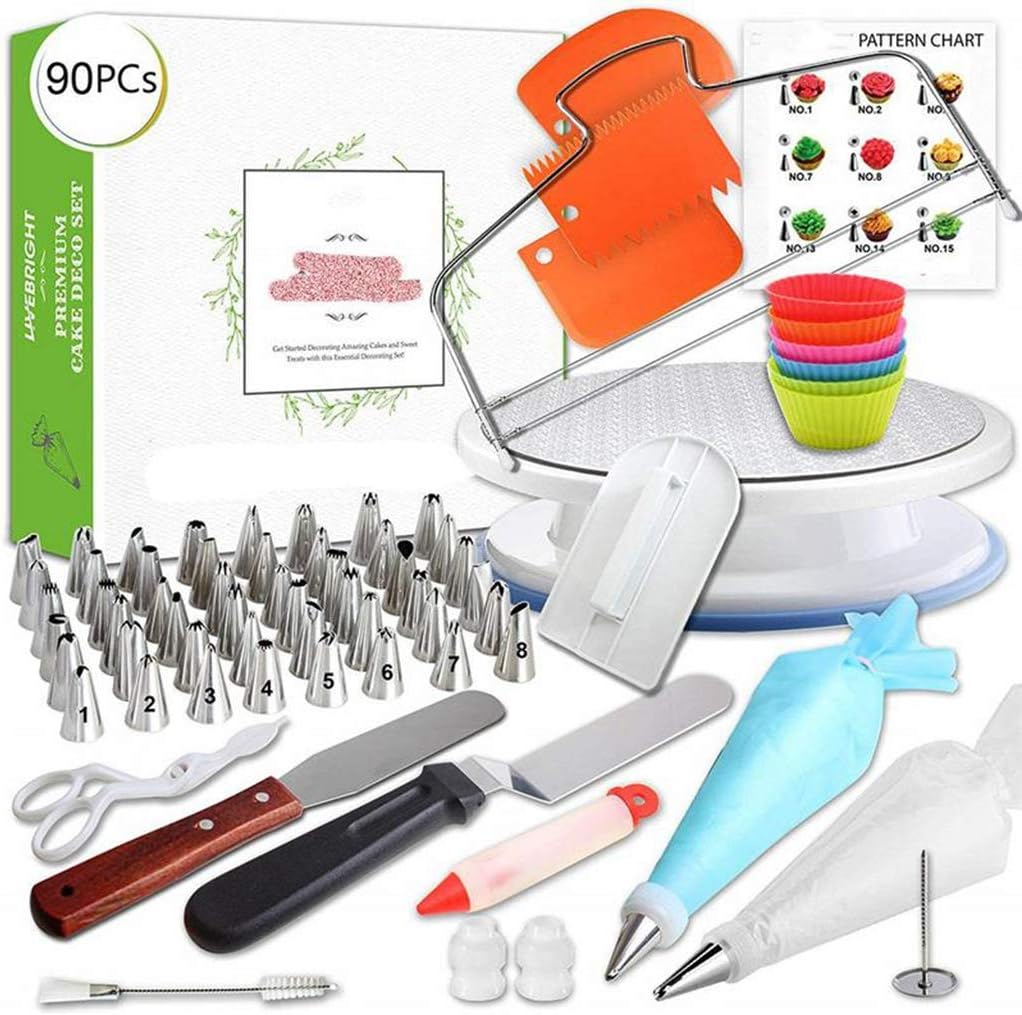 90pcs Cake Decorating Supplies Turntable Piping Tip Nozzle Pastry Bag Set Diy Cake Baking Tool Bake Serve Sets Kitchen Dining