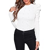 Remidoo Women's Solid Round Neck Puff Long Sleeve Slim Fit T Shirt Tops