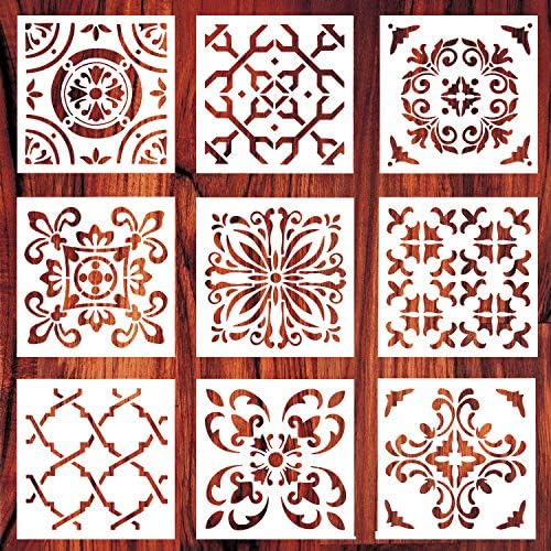 AxPower Mandala Painting Stencils Reusable Stencil Laser Cut Painting Template Floor Wall Tile Fabric Furniture Stencils, Set of 9 (6x6 inch)
