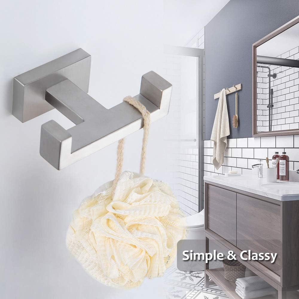 Double Towel Hook, Angle Simple SUS304 Stainless Steel Bath Towel Holder, Bathroom Double Robe Hook, Hand Towel Hanger Wall Mount, Brushed Nickel - - 