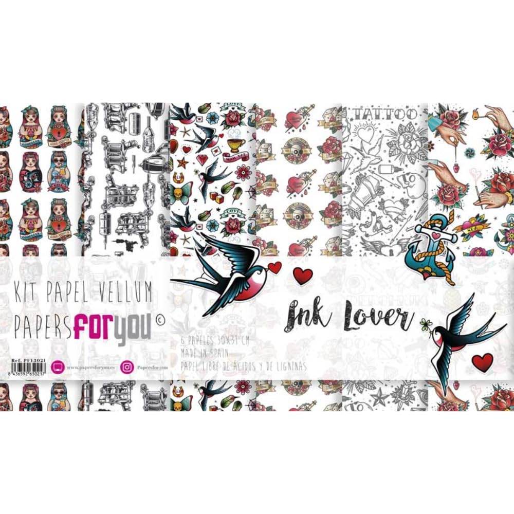 Papers for You - Vellum Scrapbooking and Craft Paper Kit Ink Lover Collection | Includes 6 Different Patterned Vegetal Papers | Size 30 x 31 cm (11,8" x 12,2")