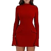 YMDUCH Women's Long Sleeve Mock Turtle Neck Bodycon Mini Tank Short Party Dress