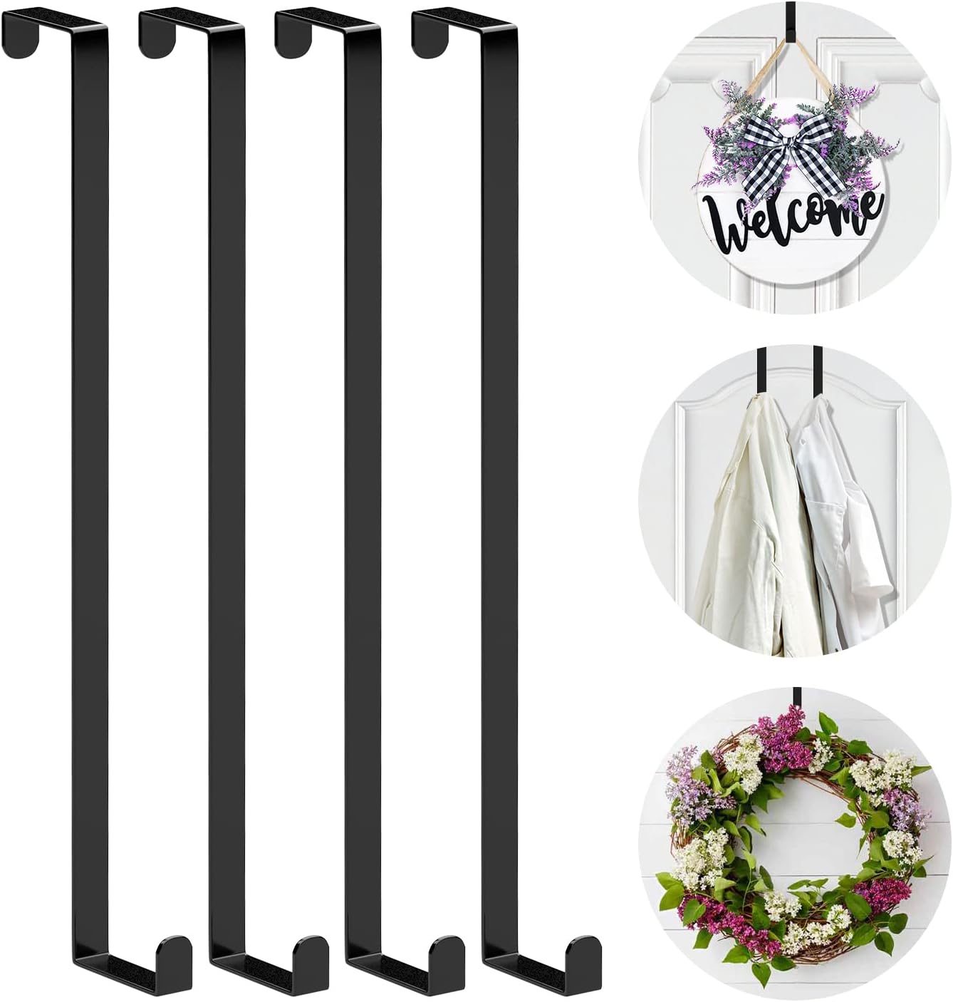 Wreath Hangers - Booda Brand Over The Door Hooks 14”, 4 Pack Upgraded Widen Hanger Hook Fits 1-3/4” & 1-3/8”Door Widths, Z-Shaped Wreath Sturdy for Hanging Wreaths, Hats, and Clothes (Black)