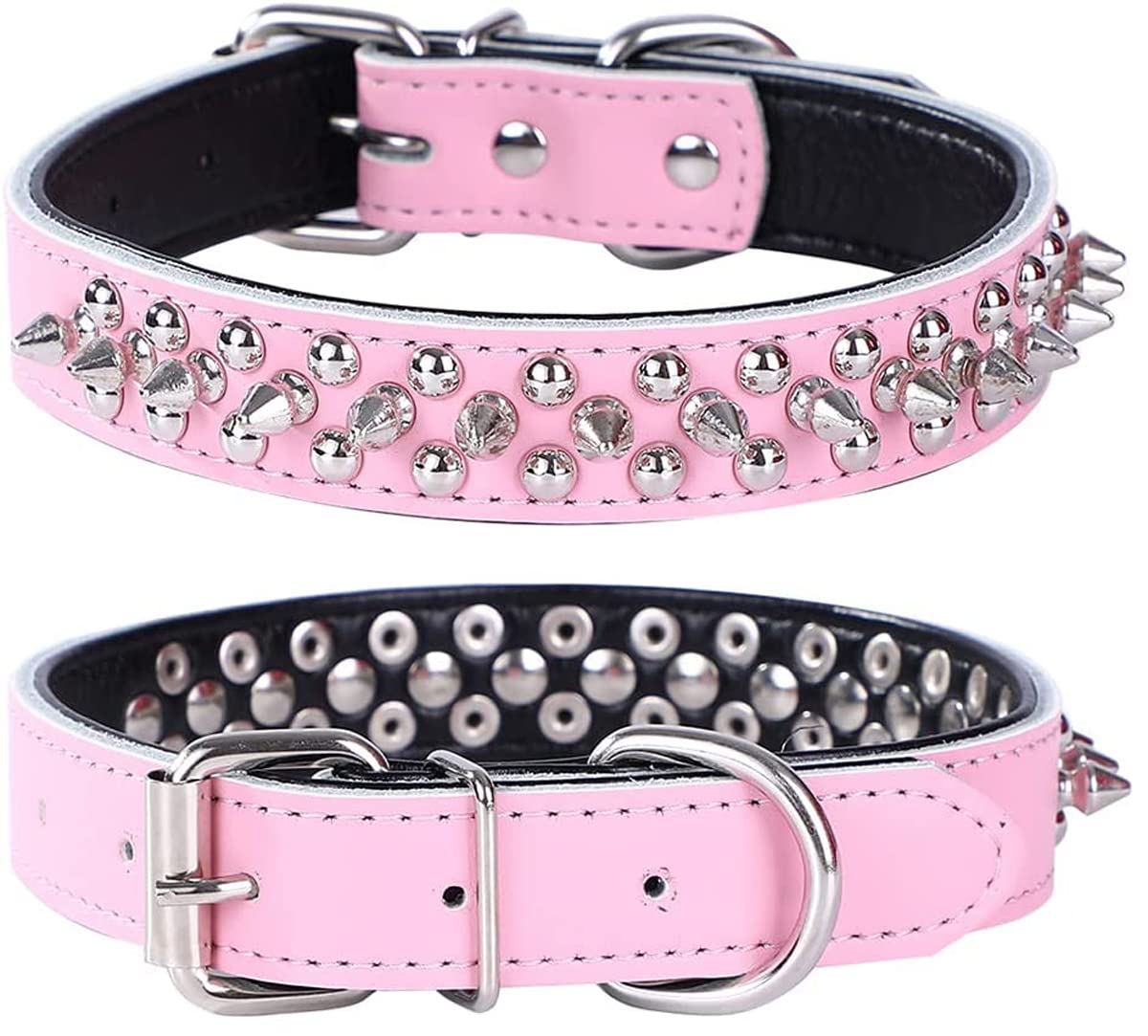haoyueer Spiked Studded Dog Collar, Genuine Leather Dog Collar, Adjustable Pet Collars for Medium Large Bulldog Pitbull Mastiff Poodle Boxer (L, Pink-2)