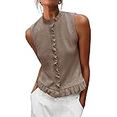 Womens Button Down Sweater Vests Sleeveless Ruffle Mock Neck Ribbed Tanks Summer Boho Vacation Tops