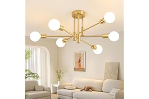 Deyidn Gold Sputnik Chandelier, Modern Chandelier Light Fixture, Mid Century Ceiling Light Semi Flush Mount Lighting 6-Light for Living Room Dining Room Bedroom Kitchen