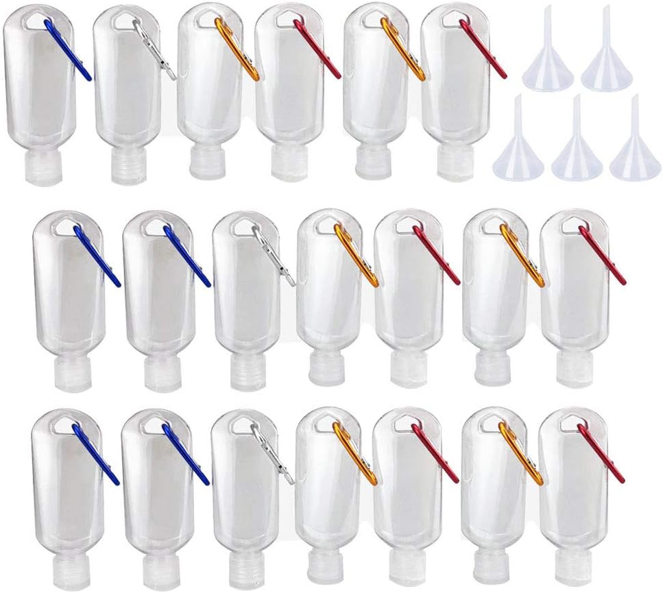 50ml Squeezable Plastic Travel Bottles with Clip, Sturdy Empty Hand Gel Pocket Size, Refillable Liquid Containers with Hook Carabiner Belt Clip (20pcs)