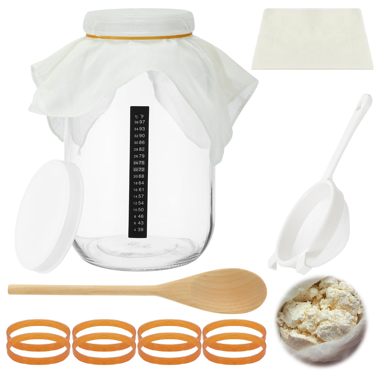 Photo 1 of ** missing some pieces** Honeydak 8 Pcs Complete Kefir Starter Kit Kombucha Fermenter Kit Gallon 128oz Mason Jar Wide Mouth with Plastic Storage Lid Nylon Mesh Strainer Cotton Cloth Cover and Wood Spoon