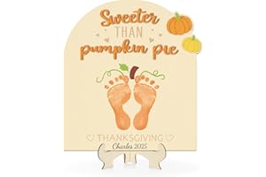 Sereliy Baby's First Thanksgiving DIY Footprint Art Card, Wooden Thanksgiving Baby Sign Keepsake Ornaments for Baby Shower Newborn Photoshoot Prop(Pumpkin)