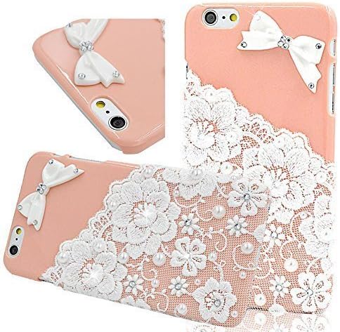 Seedan Pink Style Pearl Lace Flower Case for iPhone 6 Plus (5.5 inch) Bling Diamond Bow Design Hard Back Cover Shield Protective Skin