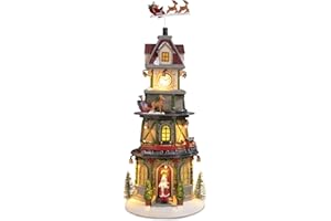 taman Christmas Village Collectible Buildings, Clock Tower Figurine with Revolving Train Music with Warm Light Christmas Ornaments for Christmas Holiday Decorations (The Clock Won't Work)