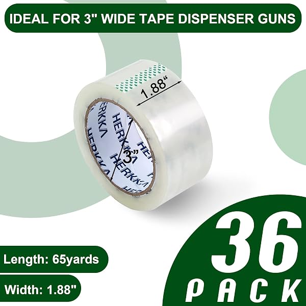 HERKKA CLEAR PACKING TAPE, 36 ROLLS HEAVY DUTY PACKAGING TAPE FOR SHIPPING PACKAGING MOVING SEALING, THICKER CLEAR PACKING TAPE, 1.88 INCHES WIDE, 65 YARDS PER ROLL, 2340 TOTAL YARDS
