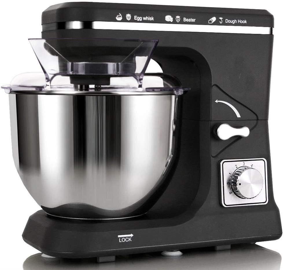 Food Stand Mixer, 1000W 8-Speed 5L Electric Dough Blender with Double Shaft Stepless Automatic Tilt-Head, Black,Powerful and Practical with Beater、Double Hooks、Whisk、Splash Guard