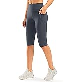 SANTINY Women's Knee Length Capri Leggings with Pockets High Waisted Workout Exercise Yoga Capris Pants for Women
