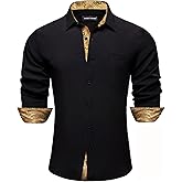 Barry.Wang Men's Dress Shirts Checkered Paisley Collar Cuff Contrast Button Down Long Sleeve Formal Casual Shirt Western