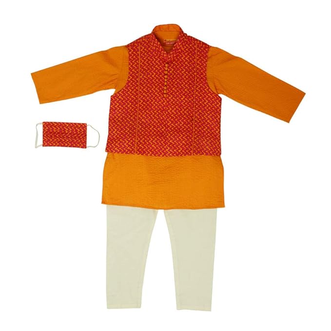 Exclusive from Jaipur By Hopscotch Baby Boys Cotton Tagai Kurta With Ps Aligarhi Pyjama Printed Box Pleat Jacket in Orange Color