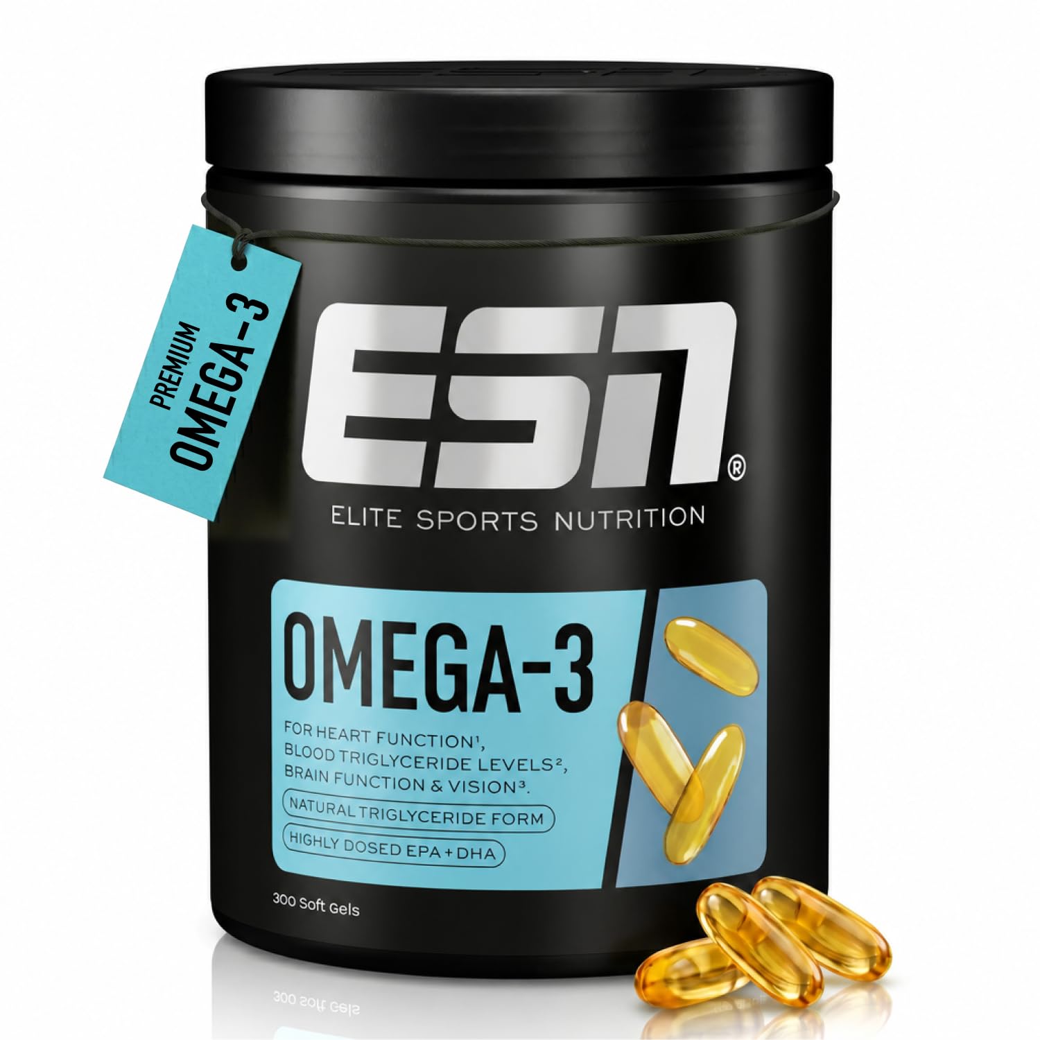 ESN Omega-3 - hochdosiert mit 1200 mg EPA und 900 mg DHA pro Tagesportion - ohne fischigen Nachgeschmack - getestet auf Schwermetalle - 300 Kapseln, 100 Portionen