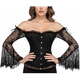 Cosfun Womens Steampunk Lace Sleeve Corset Tops Off Shoulder Corsets Bustiers Lace-up Back