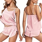 Ekouaer Silk Pajamas for Women Satin Cami Pjs Set V Neck Camisole Shorts Set Adjustable Strap Sleepwear