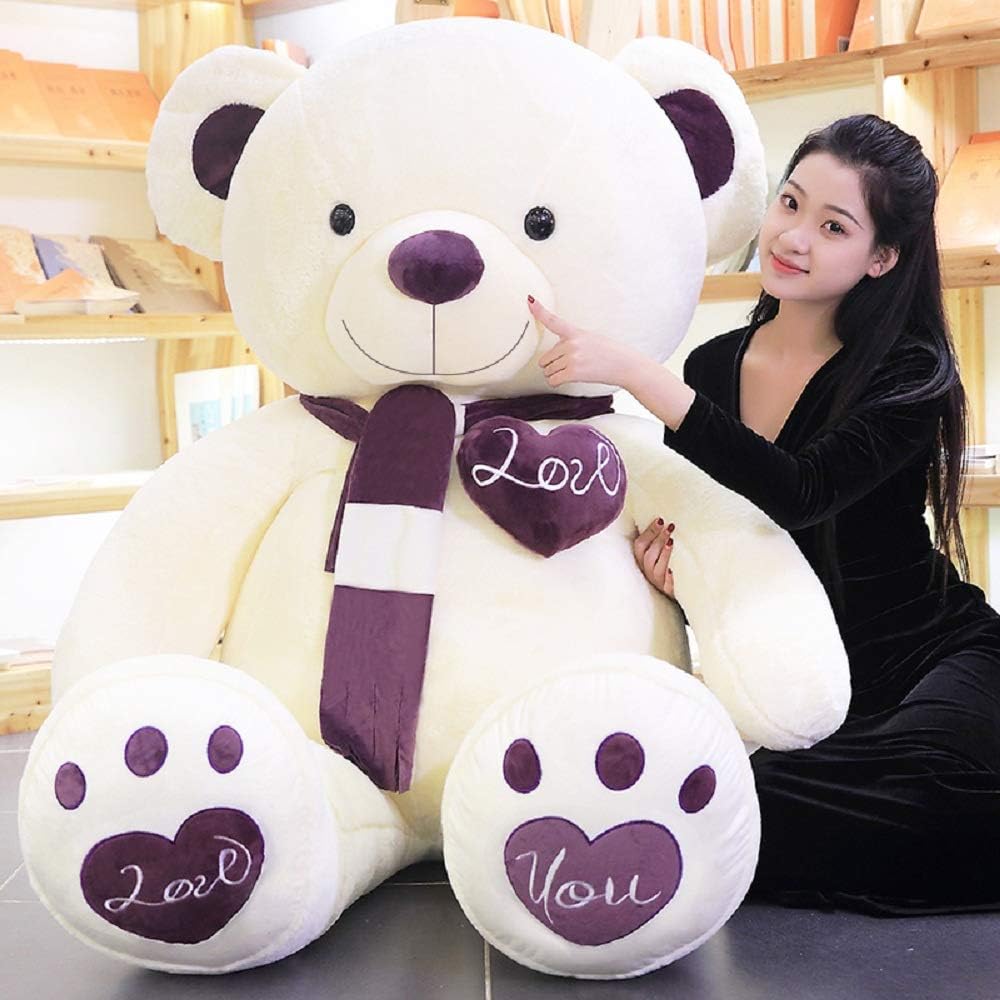 Happy Island Big Giant Cute Plush Teddy Bear, Scarf i Love You Heart, Huge Plush Animals Girl Children Girlfriend Valentine's Day (Purple White, 48inch)